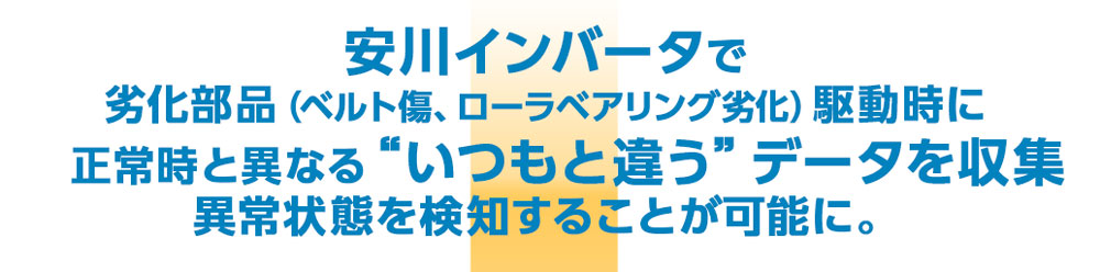 安川インバータで劣化部品（ベルト傷、ローラベアリング劣化）駆動時に正常時と異なる“いつもと違う”データを収集異常状態を検知することが可能に。