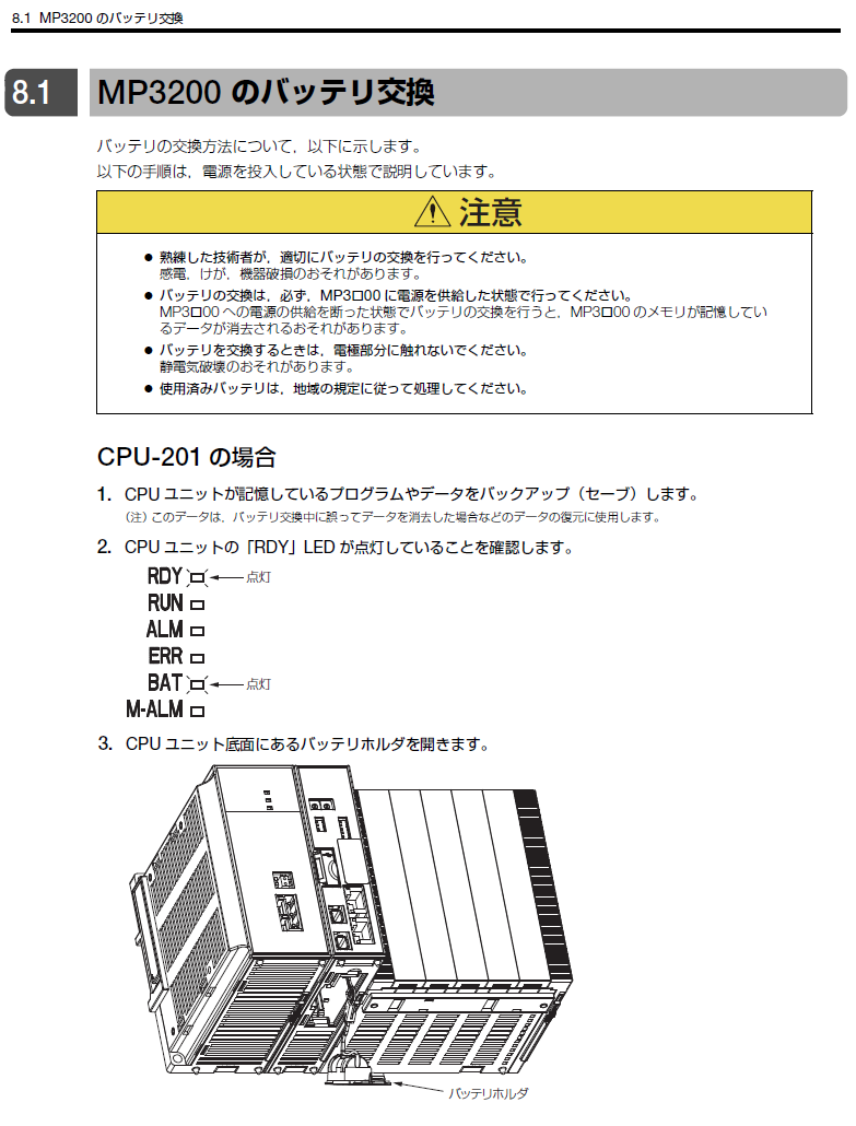 MP3200バッテリーの仕様と形式、交換手順を教えてください